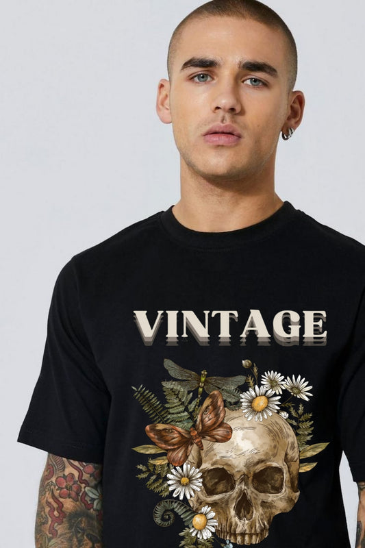 Vintage Skull & Nature Graphic Tee Oversized Standard T-Shirt
