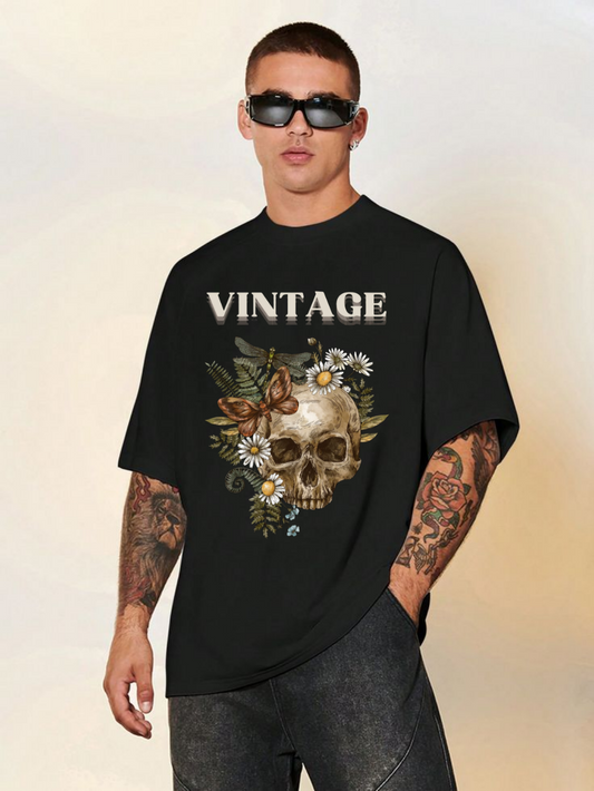 Vintage Skull & Nature Graphic Tee Oversized Standard T-Shirt
